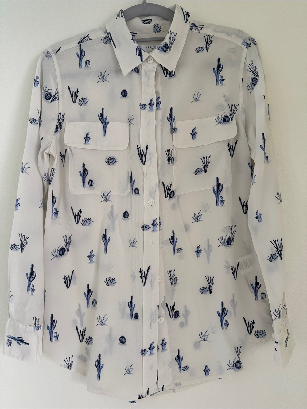 Equipment White Blouse with Blue Botanical Cactus Print XS